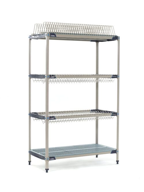 The MetroMax i PR48X3, a four-tier stationary drying rack, features two drop-ins, one tray rack, and one bulk shelf. Its freestanding design measures 24 x 48 x 74, with a solid metal base on the bottom tier and adjustable feet for balance. Perfect for versatile storage needs.