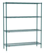 The Metro EZ1860NK3-4 Super Erecta 4-Shelf Industrial Wire Shelving Convenience Pak measures 18 x 60 x 74, with a sleek Metroseal Green Epoxy finish and wire-mesh shelves. Red clips securely attach the shelves to the posts, creating a striking centerpiece on a white background.