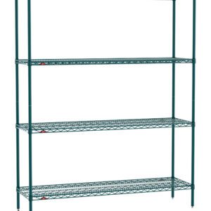 The Metro EZ1860NK3-4 Super Erecta 4-Shelf Industrial Wire Shelving Convenience Pak measures 18 x 60 x 74, with a sleek Metroseal Green Epoxy finish and wire-mesh shelves. Red clips securely attach the shelves to the posts, creating a striking centerpiece on a white background.