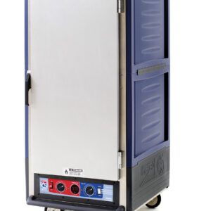 The Metro C537-CFS-U-BUA is a 3/4 height insulated holding/proofing cabinet with a full-length solid door, universal wire slides, and 120V power. It has a sleek silver front, blue sides, two gauges, red knob at the bottom, and wheels for mobility.