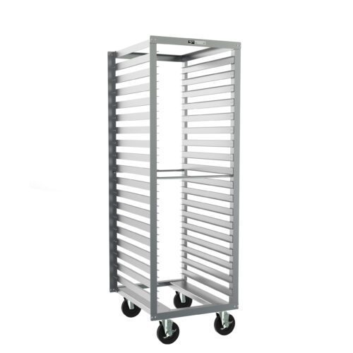 The Metro RF13N Roll-In Refrigerator Pan Rack, measuring 21.25 x 26 x 64.75, features multiple slots with 1.5 slide spacing for trays and is supported by four large black casters for mobility, standing out against a plain white background.