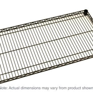 The Metro Super Erecta 2454NBL Industrial Wire Shelf, Black, 24 x 54, features a grid pattern with four cylindrical corners in a sleek black design. Perfect for any space, though actual dimensions may slightly vary.