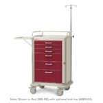 The Metro MBP3210CRT2 Basix Plus Crash Cart is a red medical trolley with drawers, a side tray on wheels, an IV pole, and an optional lock bar for security.