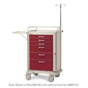 The Metro MBP3210CRT2 Basix Plus Crash Cart is a red medical trolley with drawers, a side tray on wheels, an IV pole, and an optional lock bar for security.