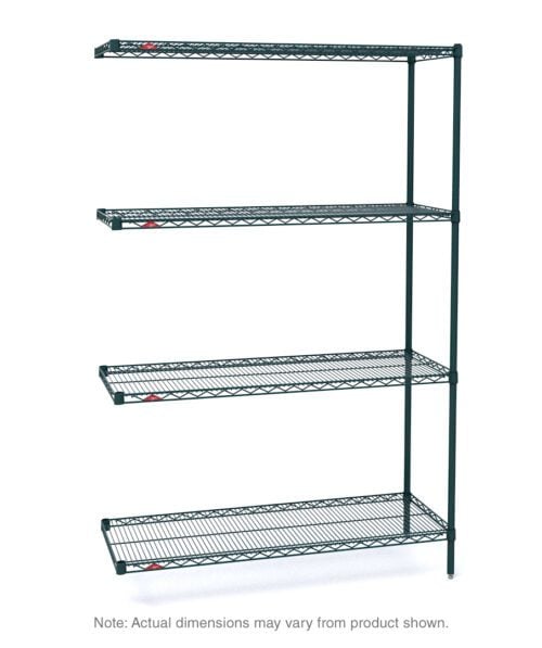 The Metro AN376K3 Super Erecta Add-On Unit features four adjustable tiers with sturdy rods, finished in Metroseal Green Epoxy. The dimensions are 18 x 72 x 63, but actual sizes may vary.