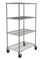 The Metro N536BBR Super Erecta 4-Shelf Cart, measuring 24 x 36 x 67.875, features a sturdy Brite silver frame with four tiers and swiveling caster wheels, making it ideal for versatile storage and easy transport.