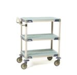 The MetroMax i MXUC1830G-35 utility cart, measuring 18 x 30 x 39.25, features three light gray slotted shelves, a handle for easy mobility, and blue-accented corners with swivel wheels for a sleek industrial look.