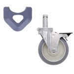 The Metro 5MDBGSXA caster, designed for MetroMax shelving, features a 5 high modulus donut tire and metal bracket with a gray rubber finish. It includes a gray rubber protective cover, all showcased on a white background.