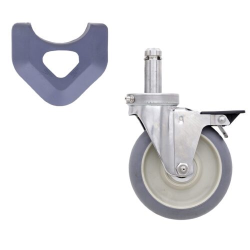 The Metro 5MDBGSXA caster, designed for MetroMax shelving, features a 5 high modulus donut tire and metal bracket with a gray rubber finish. It includes a gray rubber protective cover, all showcased on a white background.