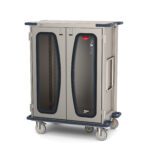 The Metro CaseVue CV36HC-5BH Surgical Case Cart, 45.5W x 28D x 58.25H, features clear front doors and 5th wheel steering for easy movement, ideal for storing and transporting medical supplies.