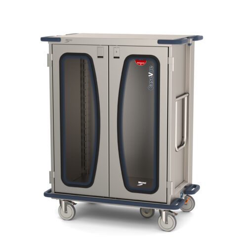 The Metro CaseVue CV36HC-5BH Surgical Case Cart, 45.5W x 28D x 58.25H, features clear front doors and 5th wheel steering for easy movement, ideal for storing and transporting medical supplies.