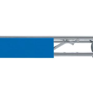 A close-up of a metal barrier gate with a blue arm, similar to the color of a Metro CSM6-B Super Erecta Color Shelf Marker, attached to a shiny silver post. It features a locking lever and hinges connecting the arm to the post, set against a plain white background.
