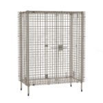 The Metro MQSEC55E MetroMax Stationary Security Shelving Unit (26.9375 x 50.875 x 66.1875) is a gray metal wire mesh storage cage with four legs, a secure latch, and sturdy construction for versatile storage, displayed against a white background.