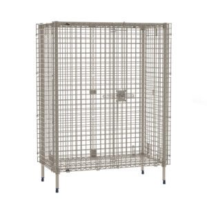 The Metro MQSEC55E MetroMax Stationary Security Shelving Unit (26.9375 x 50.875 x 66.1875) is a gray metal wire mesh storage cage with four legs, a secure latch, and sturdy construction for versatile storage, displayed against a white background.