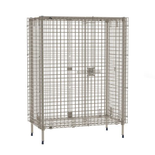 The Metro MQSEC55E MetroMax Stationary Security Shelving Unit (26.9375 x 50.875 x 66.1875) is a gray metal wire mesh storage cage with four legs, a secure latch, and sturdy construction for versatile storage, displayed against a white background.