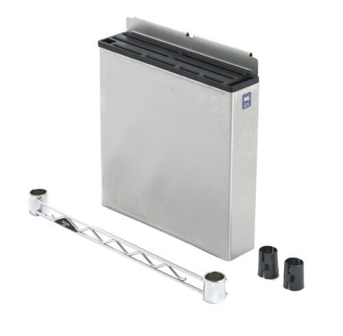 The Metro MS-KNIFE PrepMate Encased Knife Holder showcases a sleek rectangular stainless steel heat deflector, a metallic supporting bar, and two black cylindrical attachments, all elegantly set against a white background.