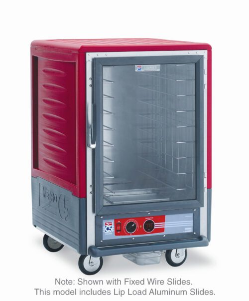 The Metro C535-HXFC-L C5 3 Series is a red, rolling, insulated holding cabinet with a full-length clear door and digital control panel. It features lip load aluminum slides for trays and operates on 220-240V, 50/60Hz, with power of 1681-2000W.