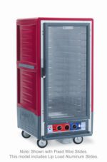 The Metro C537-CFC-L C5 3 Series Cabinet is a red, 3/4-height insulated holding/proofing unit with a full-length clear door, lip load aluminum slides, and set on wheels. It features a bottom temperature control panel and interior shelves for trays.