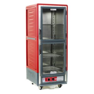 The Metro C539-HLDC-S C5 3 Series is a tall, red insulated holding cabinet featuring full-height Dutch clear doors, 4 adjustable wire shelves, wheels for mobility, and operates at 120V/60Hz with controls on the bottom front panel.