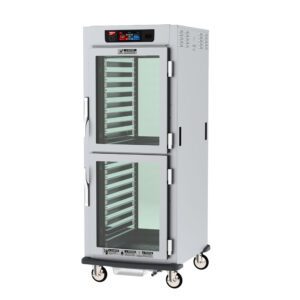 The Metro C599X-SDC-LPDC is a full-height, controlled humidity pass-thru heated holding and proofing cabinet on wheels. It operates on 220-240V, features Dutch Clear Doors, and includes lip load aluminum slides for efficient food storage.