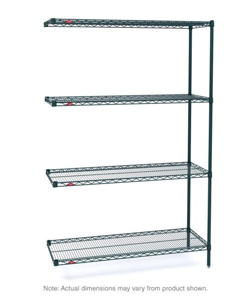 A Metro AN446K3 Super Erecta 4-Shelf Industrial Wire Shelving Add-On Unit, featuring a Metroseal Green Epoxy finish with dimensions of 21 x 42 x 63, stands against a white background.