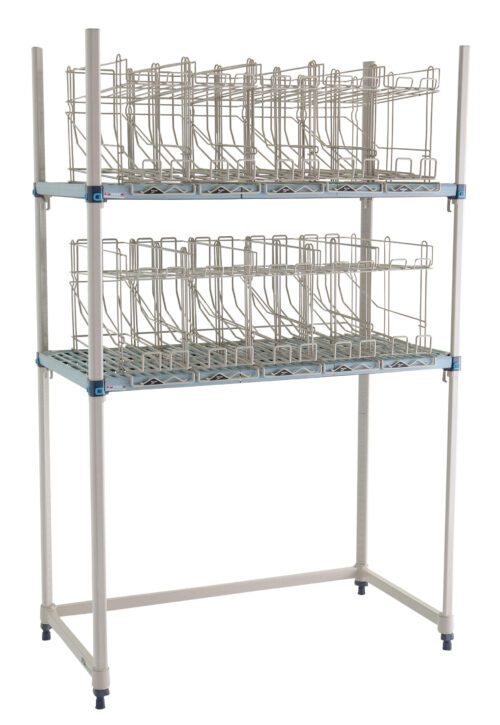 The MetroMax Q MQCR244874-RU Industrial Plastic Shelving Roll Under Can Rack Unit, measuring 24 x 36, is ideal for industrial use with two tiers and multiple compartments for drying laboratory glassware, featuring a sturdy frame and adjustable feet for stability and versatility.