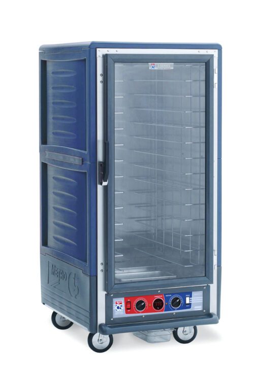 The Metro C537-CXFC-4-BUA is a blue, 3/4 height insulated holding/proofing cabinet with a full-length clear door and fixed wire slides. It has control knobs and buttons on the bottom panel for temperature settings, and runs at 220-240V, 50/60Hz, 1681-2000W.
