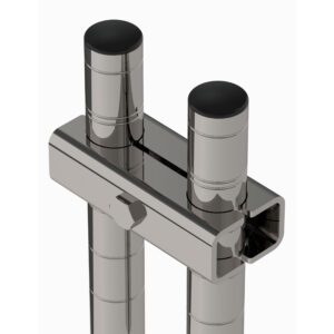 A close-up view of the Metro SAPCLAMP Stainless Steel Post Clamp, designed for Super Erecta style seismic shelving, reveals a rectangular base with two vertical cylindrical rods featuring black circular tops and glossy silver surfaces. The base includes a small protruding screw and a U-shaped design.