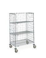The Metro AST35DC Super Erecta Cart, sized 24 x 36 x 59.875, features three tiers, two enclosed sides, an open front with mesh design for visibility and airflow, and wheels—ideal for organizing and transporting items.