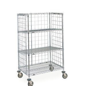 The Metro AST35DC Super Erecta Cart, sized 24 x 36 x 59.875, features three tiers, two enclosed sides, an open front with mesh design for visibility and airflow, and wheels—ideal for organizing and transporting items.