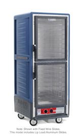 The Metro C539-HLDC-L-BU C5 3 Series is a full-height, blue insulated holding cabinet with Dutch clear doors, lip load aluminum slides, and wheels. It operates on 120V for efficient food storage.