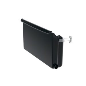 The Metro FL211 Locking Side Bin features a sleek rectangular black box with a small spout and an extending transparent arm, perfect for Flexline and Lifeline Carts, serving as a versatile reservoir or secure liquid storage container.