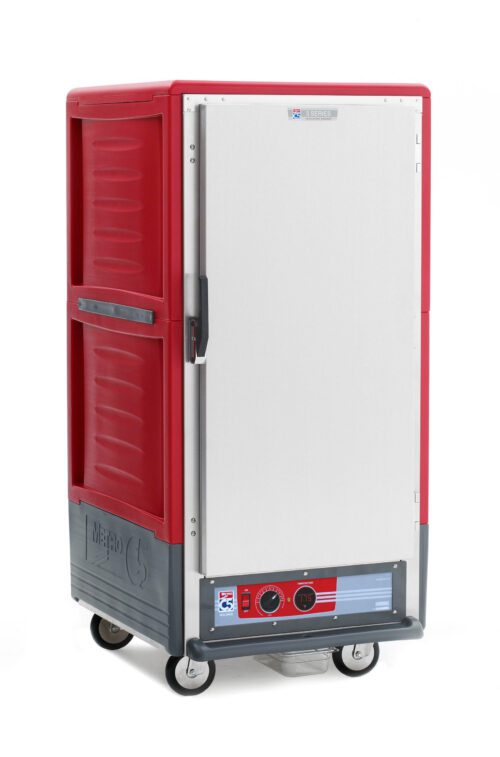 The Metro C537-HFS-U C5 3 Series Insulated Holding Cabinet, 3/4 height, features Universal Wire Slides and a full-length solid metal door. It’s a red transport cart on wheels with a bottom control panel, designed for efficient food storage at 120V, 60Hz, and 2000W power.