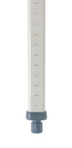 Close-up of a vertical MetroMax MX63P Industrial Shelving Post, Polymer, 63 H, featuring engraved numerical markings on its surface with a gray base and a scale showing increments from 0.1 to 1.0 in equal divisions against a white background.