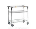 The Metro MS1848-FGBR-PK1 PrepMate MultiStation 48 Prep Station includes a Solid Galvanized top shelf, Brite Zinc Wire bottom shelf, Chrome posts, and black corner supports on a three-tier stainless steel utility cart with four large wheels; dimensional variance possible.