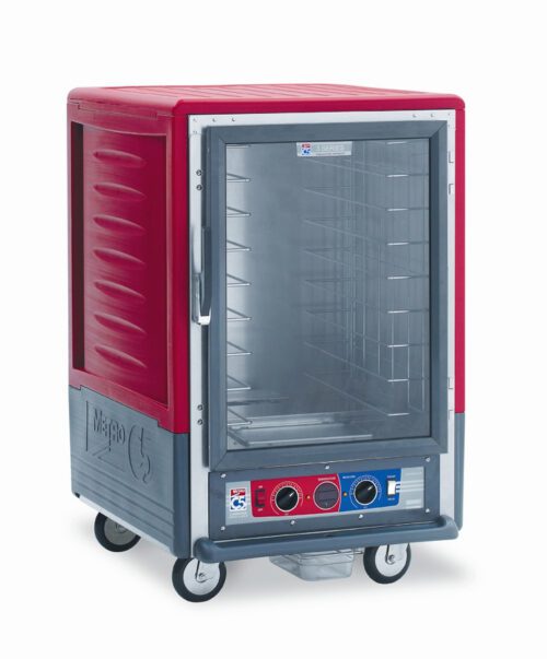 The Metro C535-CFC-4 C5 3 Series is a 1/2 height insulated food holding/proofing cabinet featuring a full-length clear door, fixed wire slides, caster wheels for easy mobility, control knobs on the lower front panel, and a convenient side handle. It operates at 120V, 60Hz, and 2000W power.