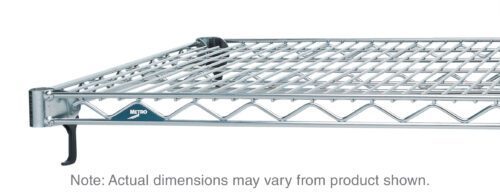 The Metro Super Adjustable Super Erecta A1854NC Industrial Wire Shelf in chrome, with dimensions of 18 x 54, features a side grid-like pattern and diagonal supports; a blue logo reads Metro. Note: Actual dimensions may vary from product shown.