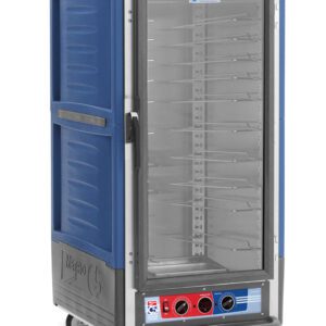 The Metro C537-MXFC-U-BU C5 3 Series Cabinet is a blue, 3/4 height insulated moisture heated unit with a full-length clear door on wheels, featuring Universal Wire Slides, control knobs at the bottom front panel, a side handle for mobility, and metal shelves inside. Power: 220-240V, 50/60Hz, 1681-2000W.