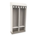 This tall, white Metro SXRD80HCATHTD Starsys Tambour Door Stationary Catheter Storage Cabinet features two compartments with multiple slots and hooks for organizing cables or components. Designed for indoor use, it stands securely on a flat base.