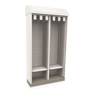 This tall, white Metro SXRD80HCATHTD Starsys Tambour Door Stationary Catheter Storage Cabinet features two compartments with multiple slots and hooks for organizing cables or components. Designed for indoor use, it stands securely on a flat base.