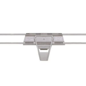 The metal pants hanger, designed for use with the Metro MQL54-2S Stackable Shelf Ledge, has a minimalist silver finish and features a straight bar with three evenly spaced clips to securely hold garments.