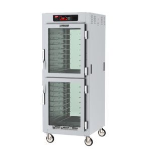 The Metro C589L-SDC-UPDC C5 8 Series is a full-height insulated pass-thru holding cabinet with stainless steel construction, featuring Dutch clear doors, universal wire slides, a top digital control panel, and runs on 120V power with wheels for mobility.