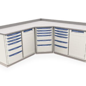 The Metro SXR36WC16 Starsys Stationary Workcenter is a white L-shaped storage cabinet with a gray countertop, featuring multiple blue-handled drawers and two closed compartments, perfect for organized storage in workshops or labs.