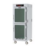 The Metro C589X-SDC-UA C5 8 Series Insulated Reach-In Holding Cabinet is full-height with Dutch clear doors, universal wire slides, and a digital temperature display. Operating at 50/60Hz and 220-240V, it has a polished gray finish with black handles and control panel.
