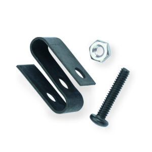 A black U-shaped metal bracket with two holes is shown on a white background, accompanied by a hex nut and round-headed black screw. Ideal for use with the Metro H9995B Security S Hook for Super Erecta Industrial Wire Shelving.