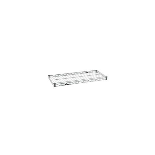The Metro Super Erecta 1430NC Industrial Wire Shelf in chrome features a rectangular, grid-pattern design with four short corner supports. Measuring 14 x 30, its ideal for standalone storage or as part of a shelving unit.