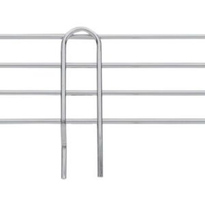 The Metro L42N-4S Super Erecta 4 high stackable stainless steel ledge features two parallel bars and three top-curving vertical brackets with end loops, offering minimalist elegance in a 42 horizontal wire shelving rack.