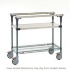 The Metro MS1824-FSNK PrepMate MultiStation is a 24 prep station with a solid Stainless Steel top shelf, a Metroseal Green Epoxy Wire bottom shelf with Stainless Steel posts, and four wheels featuring orange locks. Product details may vary slightly from those depicted.