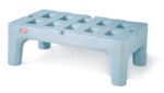 The Metro HP2236PDMB Bow-Tie Dunnage Rack with Microban, 22 x 36, is a light blue plastic pallet with a grid pattern, four sturdy legs, and a small side logo, offering style and durability.