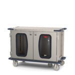 The Metro CaseVue CV48LC-5B Surgical Case Cart has a gray body with two transparent doors labeled Oasis Line. It measures 57.5W x 28D x 40.625H and features a flat top, handles, and four swivel casters with 5th wheel steering for easy mobility.